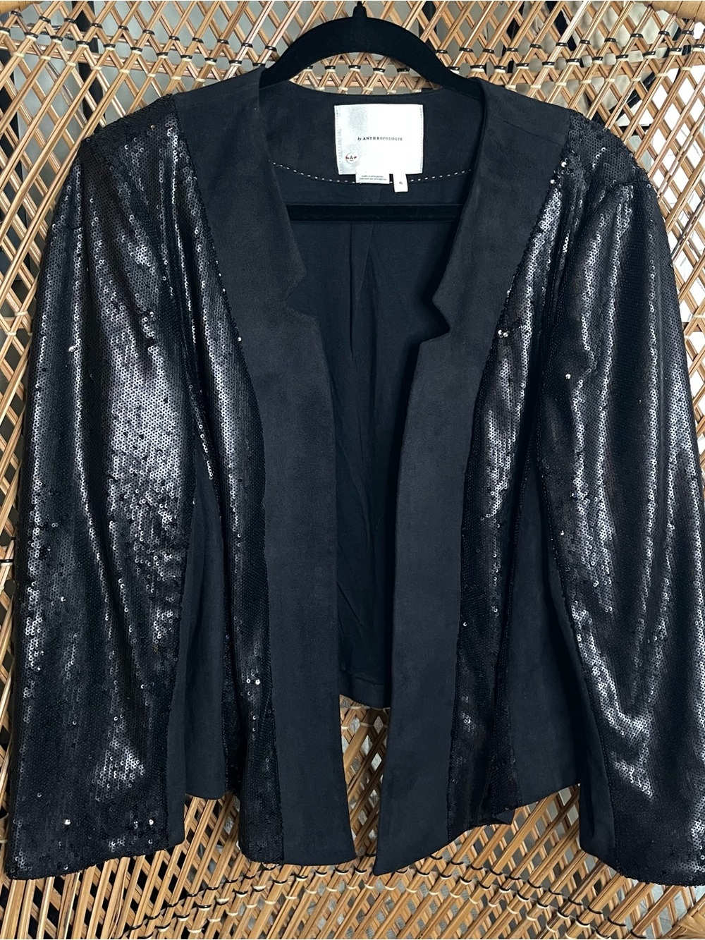 Anthropologie Black Sequin Open-Front Blazer Jacket